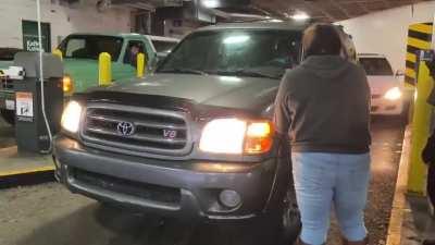Driver pepper-sprays liberal BLM/Antifa protestors who are blocking exit from a parking garage