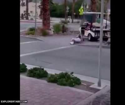 Drunk old guy jumps the curb and face plants the road after ignoring cries to not drink and drive