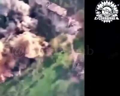 The Ukrainian Armed Forces carried out a MiG-29 airstrike using guided aerial bombs on the ruins of a house with Russian soldiers. May 2025, location not disclosed.