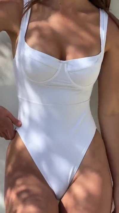 Emily Feld white swimsuit (