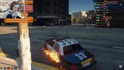 That moment when xQc was able to test drive a police car as a police officer and accidentally crashed it onto another police officer during a chase.