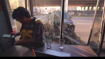 Car crashes into a building while 2 men were streaming a podcast inside