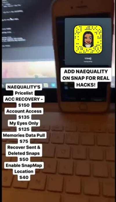 Hit @naequality on Snapchat to order account access, account recovery, my eyes only, memories data pull, recover sent & deleted snaps & more!