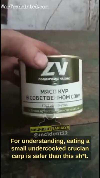 Russian Conscript won't be so happy about the canned chicken they found - this culinary review reveals the chicken is certainly not of the best quality.