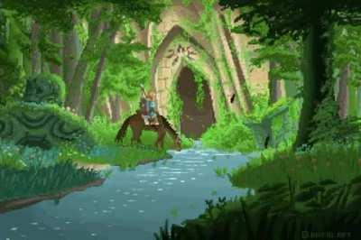 Here's my pixel drawing of Zelda Breath of the Wild scenery.