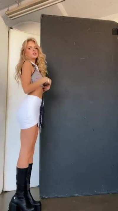 boots and mini skirt