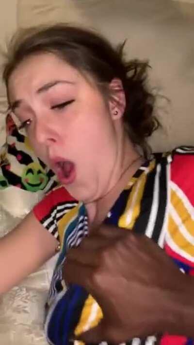 Black dude smashes tiny white slut's pussy