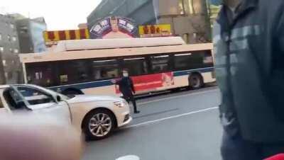 Idiots fight with baseball bats, then crash car into a store