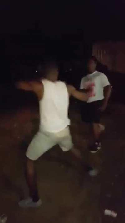 Gave his friend the gun to make sure nobody jumps in, Allows other friends jump in to beat 2 guys