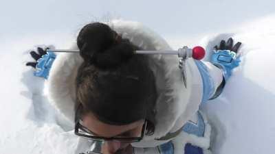 Overwatch Cosplay Slut Mei Gives Cold Blowjob In The Snow on a Mountain