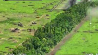 RU pov: Ukrainian column tries to advance to a treeline but one vehicle gets hit and they retreat. A russian tank was also waiting opposite of the treeline. Zaporyzhe region. 
