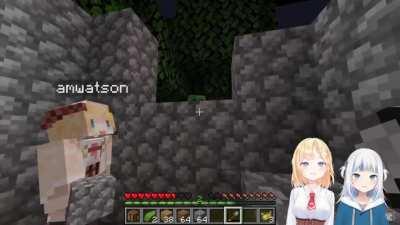 Gura taunts a Creeper