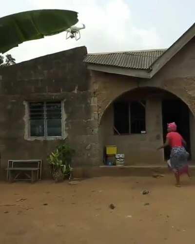 Woman terrified to see drone for the first time