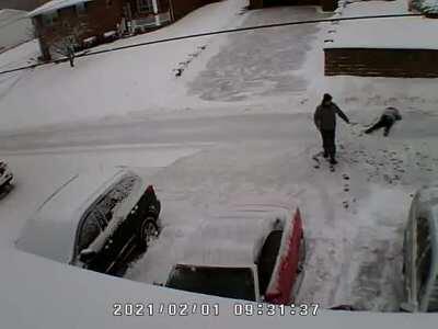 Shot over snow shoveling