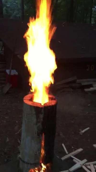 I had explained the concept of a swedish fire torch to my buddy Jimmy. This is what he came up with. He may have been drinking and decided to turn it into a blast furnace with some crate wood. Good Times...