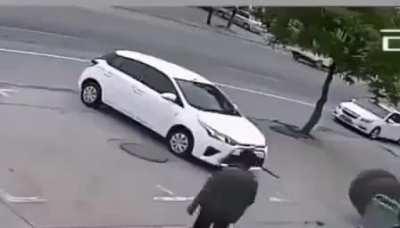 Dog runs away from tires that seem to be chasing him