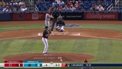 [Highlight] Marlins announcer attempts to point out how Mike Moustakas’ stance is contributing to his slump. Moustakas immediately rips a double.