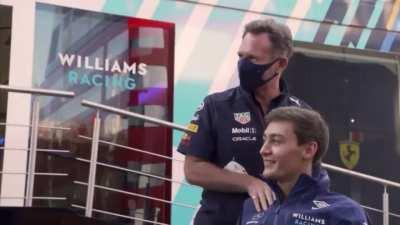 Christian horner asking jenson button if he's congratulating George on his new deal