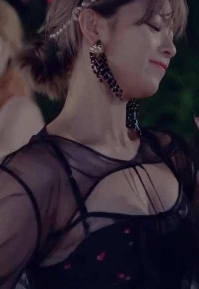Jeongyeon - pearl headband, black sheer top, close up, dtna mv
