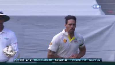 Johnson to pujara , hits him in the helmet and bowls him out after.