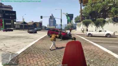 Superman tasing civilians while riding a BMX bike.