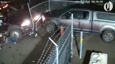 Nicole crashes stolen truck through N. Portland gate, sending employee flying. Later caught by an anonymous person who recognized her (news article in first comment).