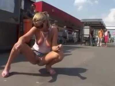 Sidewalk Pissing Slut Gets Kicked by Old Man