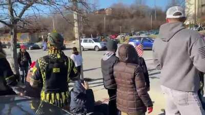 After purposely shoving an old conservative woman to the ground, the violent anti-Trump protestor returns and throws punches at a passive group of conservative Proud Boys who want him to stop instigating