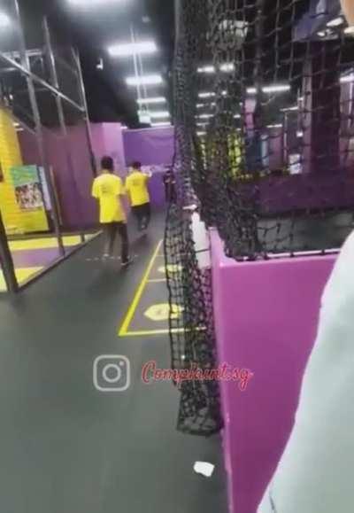 Expat Teen thinks its funny to prank a trampoline park worker by stealing his hat, while getting his friend to record the act.
