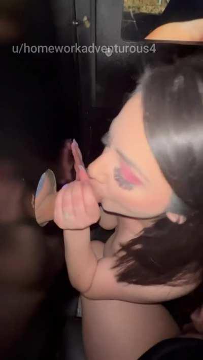 Blowing stranger at the local gloryhole and making him cum on my big tits while my husband records