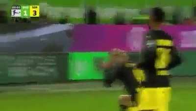 Wolfsburg fan reaction after Haaland does the pointing celebration towards him