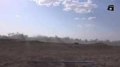 ISIS fighters getting shot and position hit by cluster munitions in their offensive, Syria, Deir ez-Zur, September 2016