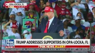 Trump rally crowd chants Fire Fauci and Trump commits.