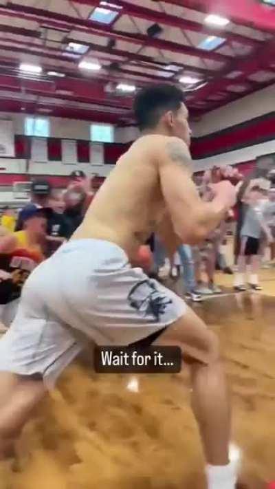 This guy jumps over 2 bodies and hit the rim with his insane dunk.