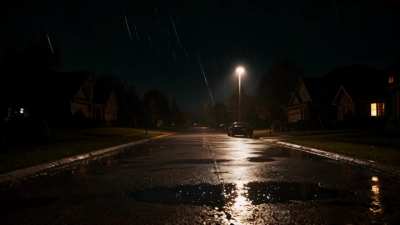 A calm rainy night in a quiet neighborhood