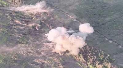 Bakhmut direction, Klishchiivka. The UAF tracked down and then ambushed Russian armored vehicles using a massive drone-detected artillery attack and DPICM cluster munitions