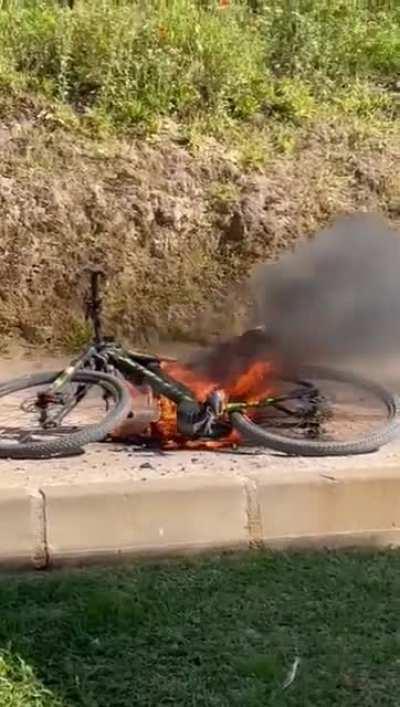 E-bike caught on fire.
