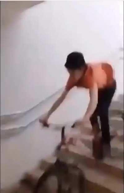 Riding a bike down the stairs into a Wall