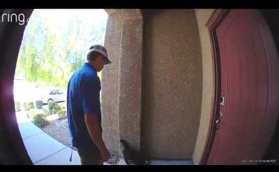 Door to door salesman kicking someone's cat when they think nobody is looking.
