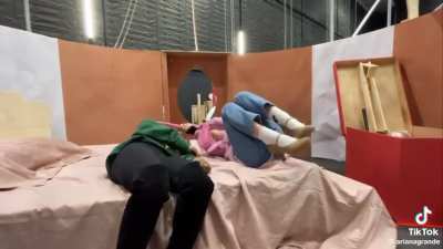 Ari and Cynthia on wicket set (rehearsal Sep 2022