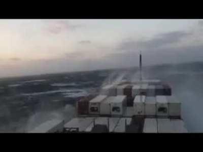 A big wave my cousin experienced while on his container ship route to Alaska.