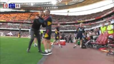 Arteta realizing he needs to make subs after Gabriel's goal