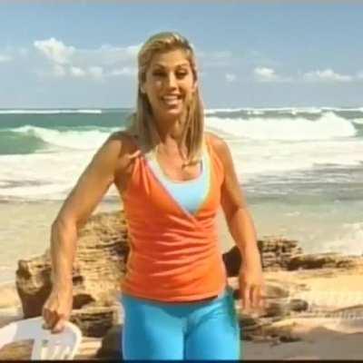 Vintage Denise Austin touches her thigh and camel toe