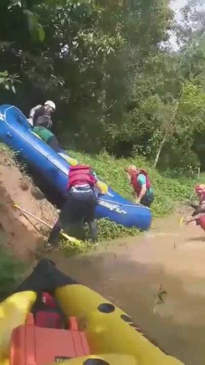 Tipping a raft off a steep incline