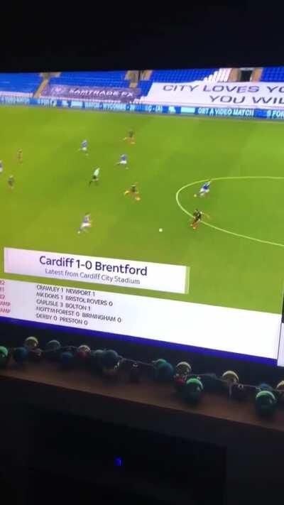 Cardiff City [1]-0 Brentford - Will Vaulks 45+4' (Goal from inside his own half)
