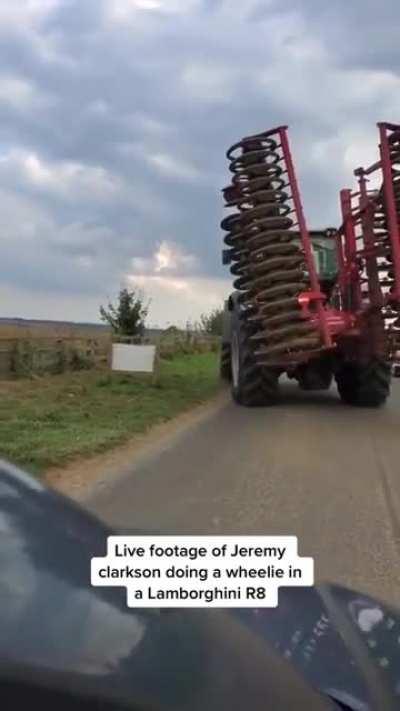 Jeremy Clarkson doing wheelie on his Lamborghini tractor
