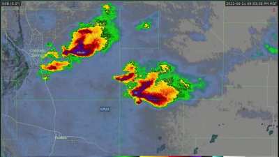 High-res radar data from Colorado that shows isolated supercell thunderstorms that eventually congeal into a large complex of storms. The initial light blue data is moisture streaming upwards in elevation towards the mountains on the left, which initiates