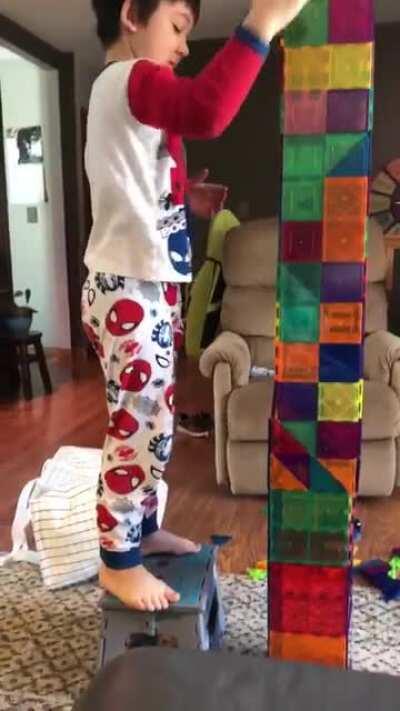 Our 5 year-old son has sleepovers at my parents’ every Saturday. My mom just sent me this gem. 😂 He definitely has his momma’s grace! 🤣 (Tower Fail)