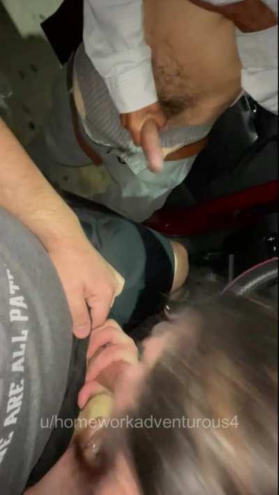Sucking off my husband in a sex shop parking lot while strangers gather around and jack off