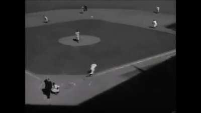 [Highlight] Game 7, 1956 World Series - Yankees vs Dodgers: Jackie Robinson misses the 3rd strike and the ball gets away from Yogi Berra, who throws him out at first base. This is the only time a World Series clinching game has been decided by a third str
